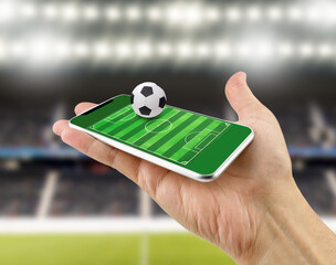 Cropped shot of a man using a smart phone as football field, watch online, bet online concept at stadium
