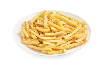 Yummy golden French fries on white background