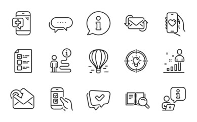 Technology icons set. Included icon as Air balloon, Medical phone, Refresh mail signs. Idea, Voting ballot, Approved symbols. Search book, Stats, Dating app. Dots message, Receive mail. Vector
