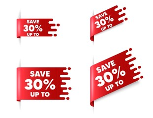 Save up to 30 percent. Red ribbon tag banners set. Discount Sale offer price sign. Special offer symbol. Discount sticker ribbon badge banner. Red sale label. Vector