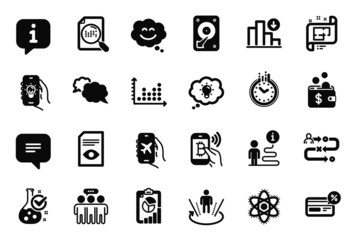 Vector Set of Technology icons related to Journey path, Architectural plan and Bitcoin pay icons. Report, Chemistry atom and Smile chat signs. Messenger, Employees group and Time. Hdd. Vector