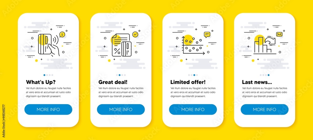Poster vector set of contactless payment, credit card and dot plot line icons set. ui phone app screens wit