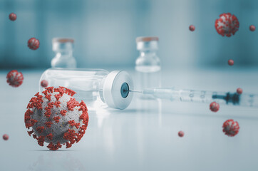 Syringe with liquid vaccines on table in laboratory,Concept covid-19 corona virus.