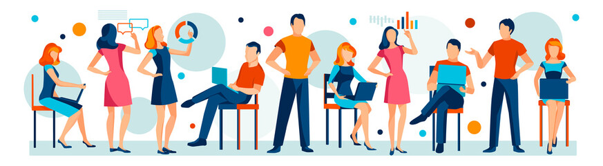 Wide horizontal banner with coworkers, teamwork concept. Working colleagues, business people collaboration. Modern set of isolated flat illustrations. 