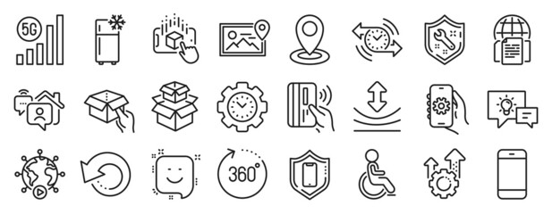 Fototapeta na wymiar Set of Technology icons, such as Seo gear, Spanner, Resilience icons. Time management, Augmented reality, Smartphone signs. Disabled, 360 degrees, Timer. Work home, Location, 5g wifi. Vector
