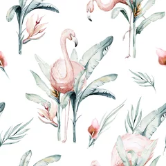 Wallpaper murals Flamingo Tropical seamless pattern with flamingo. Watercolor tropic drawing, rose bird and greenery palm tree, tropic green texture, exotic flower