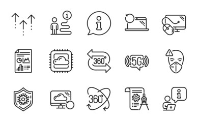 Science icons set. Included icon as Full rotation, Report document, Divider document signs. Coronavirus protection, Computer mouse, 5g wifi symbols. Recovery cloud, 360 degree, Swipe up. Vector