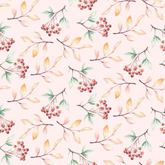 Watercolor autumn seamless pattern with mashrooms, branches, leaves and berries. Set of autumn forest plants. Collection of herbarium garden.