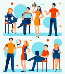 Obraz premium Various of working young colleagues in different poses analyzing data and discussing on blue background, teamwork concept. Modern flat business illustration. 