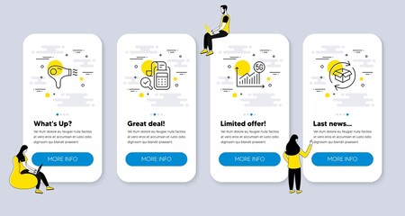 Vector Set of Business icons related to Bill accounting, 5g statistics and Hair dryer icons. UI phone app screens with people. Return parcel line symbols. Audit report, Wifi chart, Hairdryer. Vector