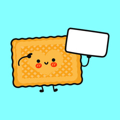 Cute funny cookies with poster. Vector hand drawn cartoon kawaii character illustration icon. Isolated on blue background. Cookies think concep