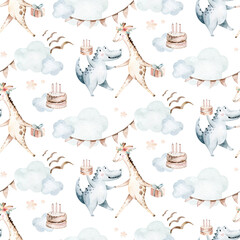 Watercolor seamless tropical pattern with dancing giraffe and crocodile african jungle animals on white background. Childish Africa animal illustration. Happy birthday,celebration concept. - obrazy, fototapety, plakaty