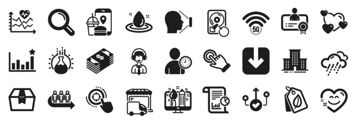 Set of Business icons, such as 5g wifi, Food app, Recovery hdd icons. Certificate, Queue, Seo target signs. Efficacy, Creative design, Time management. Bio tags, Heart, Face id. Research. Vector