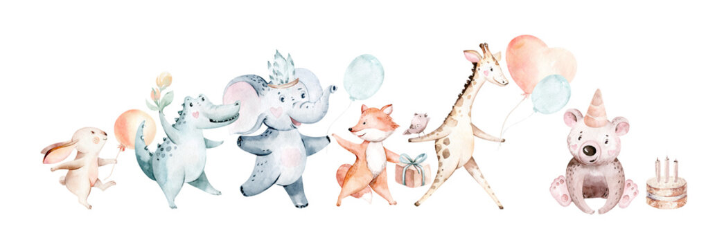 Watercolor cute illustration of cute animals with colorful balloons. Bunny, crocodile and fox selebrate birthday party. Elephant, giraffe and bear party