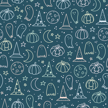 Dark Blue Pastel Cute Halloween Repeat Pattern