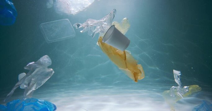 Plastic garbage problem. Slow motion various single use packaging waste floats under water polluting ocean slow motion.