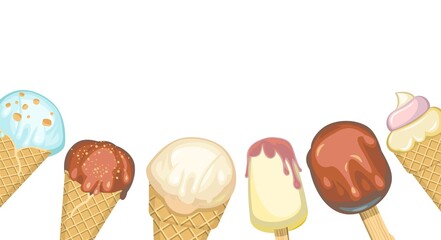 Ice cream bottom border. Background illustration. In waffle glasses and cones. Popsicle on sticks. Summer food sweet dessert. Flat design. Vector