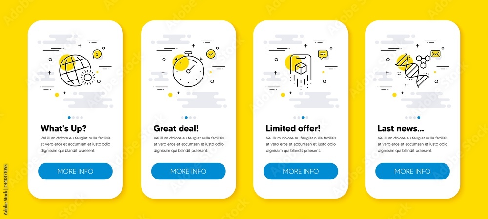 Poster vector set of augmented reality, world weather and timer line icons set. ui phone app screens with l