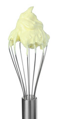 Balloon whisk with yellow cream isolated on white