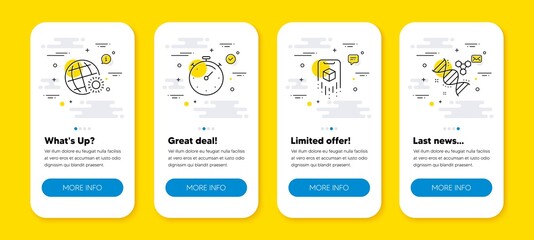 Vector set of Augmented reality, World weather and Timer line icons set. UI phone app screens with line icons. Chemistry dna icon. Phone simulation, Sunny, Deadline management. Vector