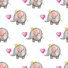 Watercolor illustration pattern cute elephant in crown with heart. Seamless repeating holiday print. Valentine's day, wedding or birthday. Isolated on white background. Drawn by hand.