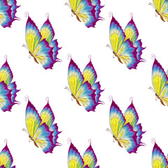 Watercolor illustration pattern purple butterfly. Seamless repeating insect print with sick beautiful wings. Isolated on white. Hand-drawn.