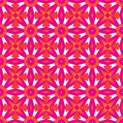 Fototapeta na wymiar Raster geometric floral seamless pattern. Bold pink and orange color on white background. Simple abstract ornament. Delicate graphic texture with geometric shapes, stars, rhombuses, triangles