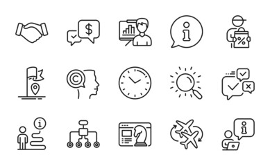 Business icons set. Included icon as Restructuring, Delivery discount, Connecting flight signs. Presentation board, Search, Writer symbols. Time, Flag, Payment received. Online voting. Vector
