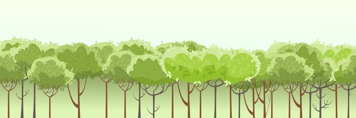 Foggy forest or garden. Thin young trees. A beautiful and graceful summer landscape. Flat style. Seamless, Cartoon design. Vector