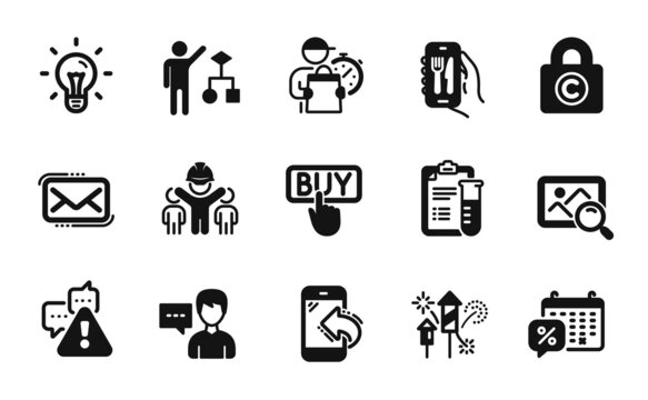 Vector set of Copyright locker, Discounts calendar and Engineering team icons simple set. Warning, Search photo and Delivery man icons. Fireworks rocket, Messenger mail and Person talk signs. Vector