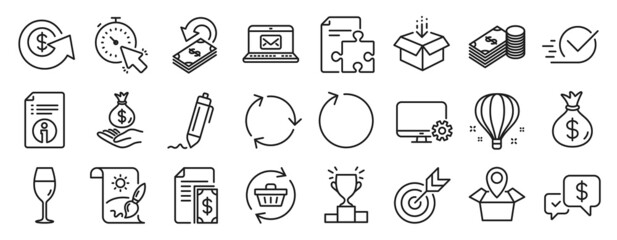 Set of line icons, such as Get box, Money bag, Monitor settings icons. Recycling, Technical info, Wineglass signs. Package location, Timer, Checkbox. Loop, Income money, Cashback. Strategy. Vector
