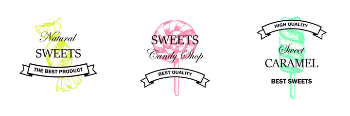 Set of hand drawn candy shop logo isolated on white. Vector illustration in sketch style