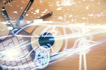 Double exposure of automobile theme drawing and work table top veiw. Concept of technology in auto industry.
