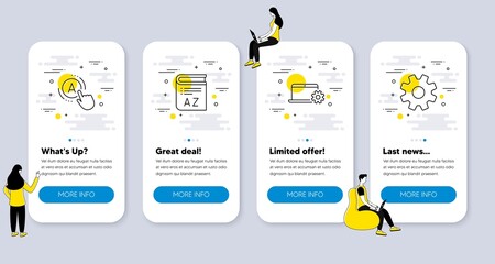 Set of Science icons, such as Ab testing, Vocabulary, Notebook service icons. UI phone app screens with people. Service line symbols. A test, Book, Computer repair. Cogwheel gear. Vector