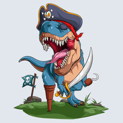 Hand drawn scary blue pirate dinosaur t-rex roaring and holding a pirate sword, pirate disguise © asgraphics13