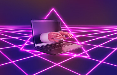 Laptop and male hands in pink neon triangle. Retro futuristic, social distance concept. Remote...