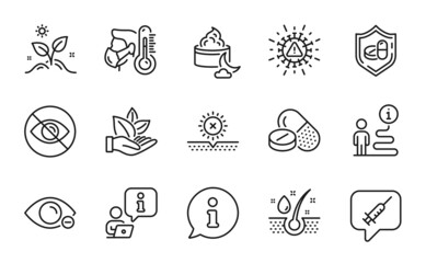 Healthcare icons set. Included icon as Coronavirus, Sick man, Organic product signs. Medical drugs, Medical tablet, Vaccine message symbols. Myopia, Night cream, Grow plant. Not looking. Vector