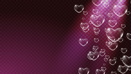 Dark red transparent background with white heart-shaped soap bubbles for Valentine card. Vector