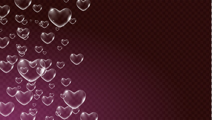 Dark red transparent background with white heart-shaped soap bubbles for Valentine card. Vector