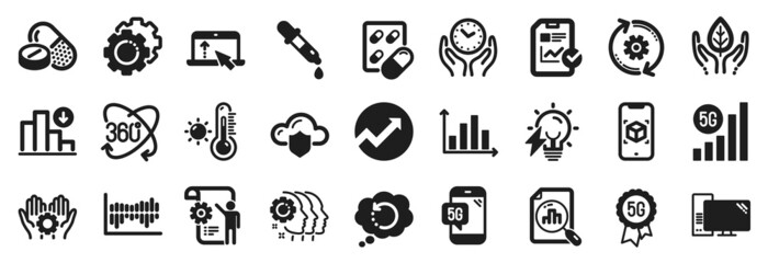 Set of Science icons, such as Swipe up, Column diagram, Cogwheel icons. Settings blueprint, Electricity bulb, 5g wifi signs. Decreasing graph, Weather thermometer, Audit. Employee hand. Vector