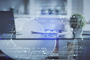 Multi exposure of data theme drawing and office interior background. Concept of technology.