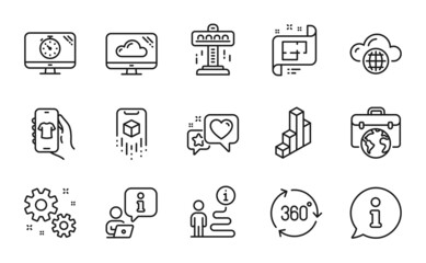 Technology icons set. Included icon as Shop app, Architectural plan, Augmented reality signs. 3d chart, Cloud storage, Heart symbols. 360 degree, Work, Attraction. Cloud computing. Vector