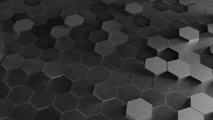 Dark grey hexagon background. Concrete rough material. 3d render abstract backdrop.