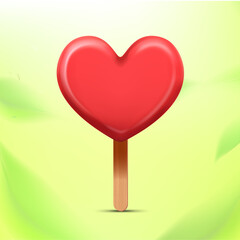 Realistic sweet ice cream heart with popsicle stick. Delicate background with blurred green leaves. Vector illustration.