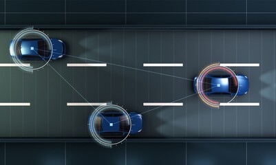 Autonomous cars on a road with visible connection, 3d Rendering - 448373083
