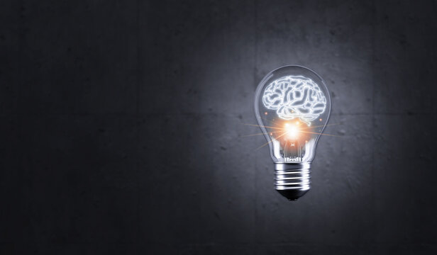 3D Render,Light bulb with brain inside on dark background and copy space,Brainstroming concept idea.