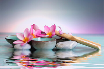 frangipani flowers as a spa concept with zen stones and small bowls - 448373209