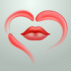 Pink heart of realistic vector cream or lipstick smears. Transparent background.