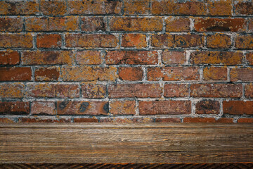The background is blank wooden boards and a textured brick wall with lighting and vignetting.