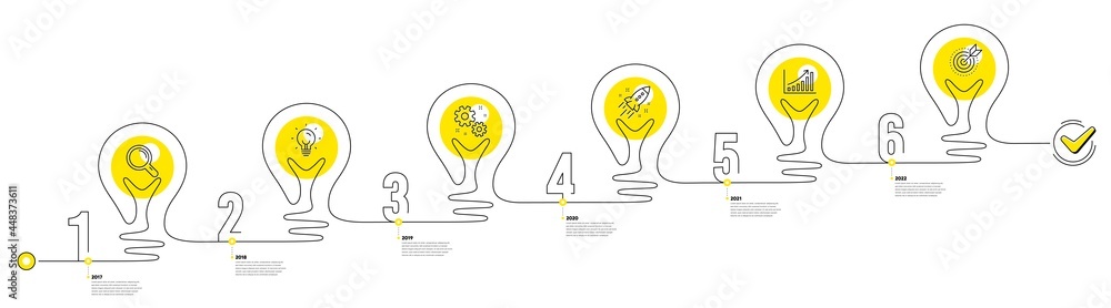 Poster business infographic timeline with 6 steps. lightbulb journey path infographics. workflow process di